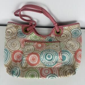 Coach Multicolor Signature The Beach Patent Leather Pink Trim Tote Bag F19184